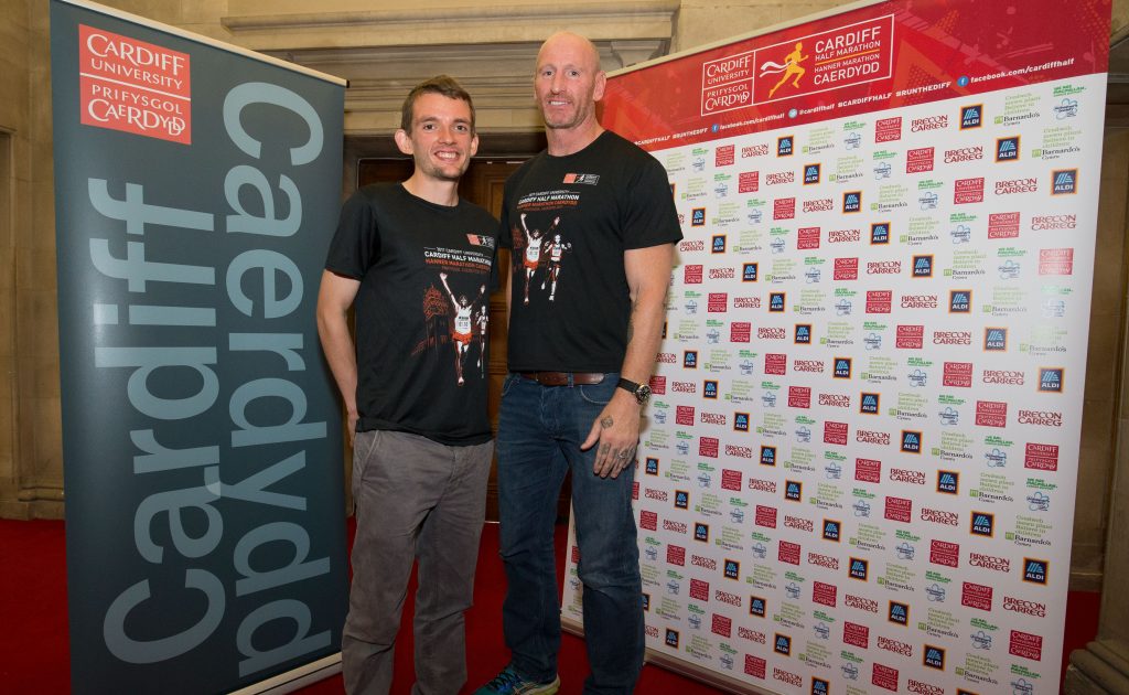 28.09.17 - Cardiff Half Marathon 2017 Press Conference Cardiff University -  Welsh athlete Dewi Griffiths who is competing in the Cardiff Half Marathon and Gareth Thomas who is leading "Alfie's Army", a team of first time runners, at the press conference ahead of this Sunday's 2017 Cardiff University Cardiff Half Marathon